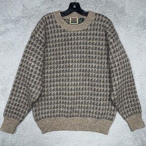 VTG Mountain Express Sweater Men's Sz M Beige Houndstooth Pure Wool Sweatshirt